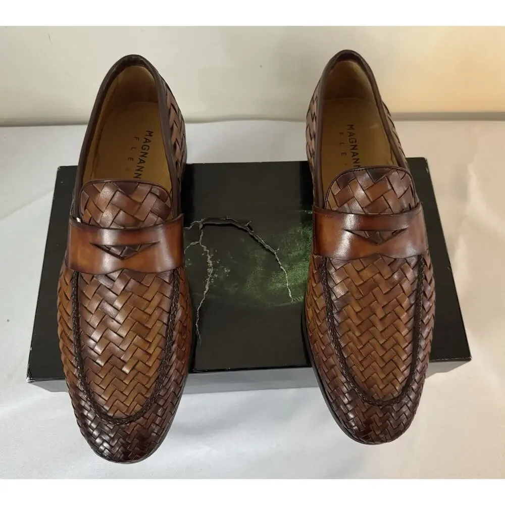 NIB Magnanni ‘Herman’ Cognac Brown Woven Leather Loafers 43.5EU/10.5US $595.00